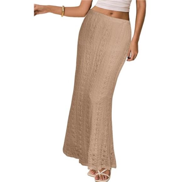 Women Crochet Skirt Summer Elastic Waist Khaki - Picture 1 of 6